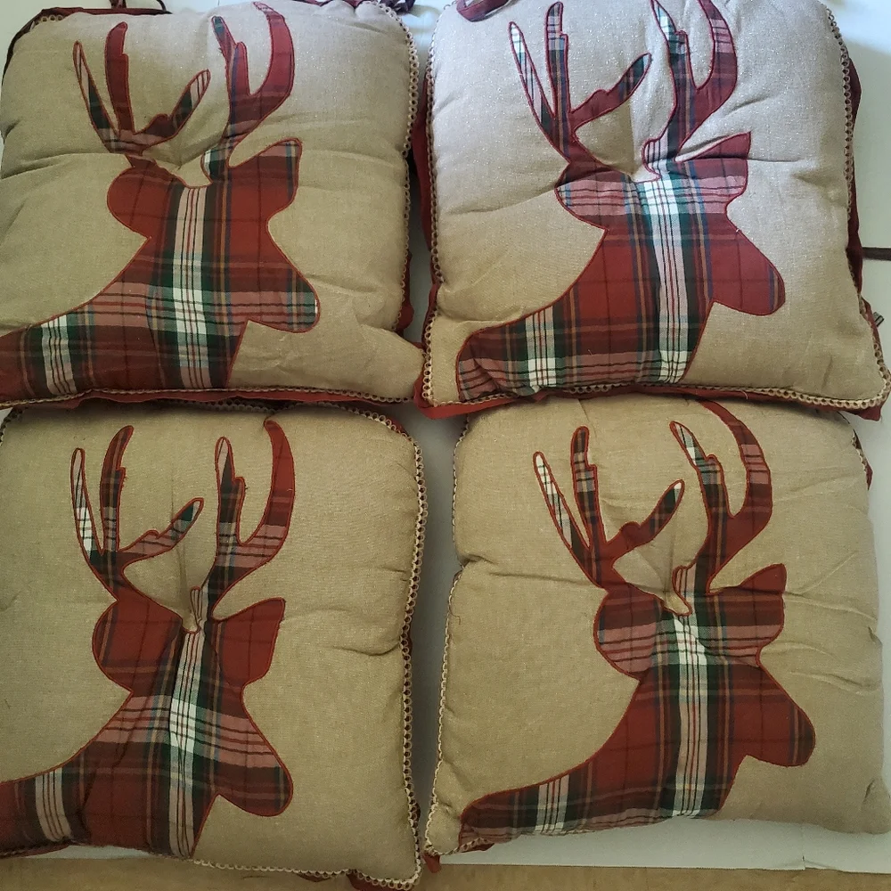 Pier 1 Holiday Plaid Reindeer Throw Pillows in Red and Tan